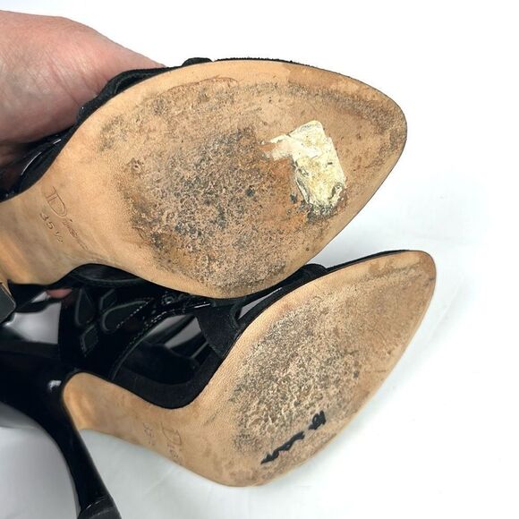 CHRISTIAN DIOR Black Patent Leather Suede Strappy Heels Pumps Sandals 37,5 US5,5 - Picture 14 of 16